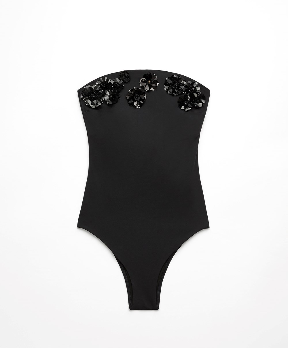 Black Oysho Sequinned Flowers Bandeau Swimsuit | HPET34197