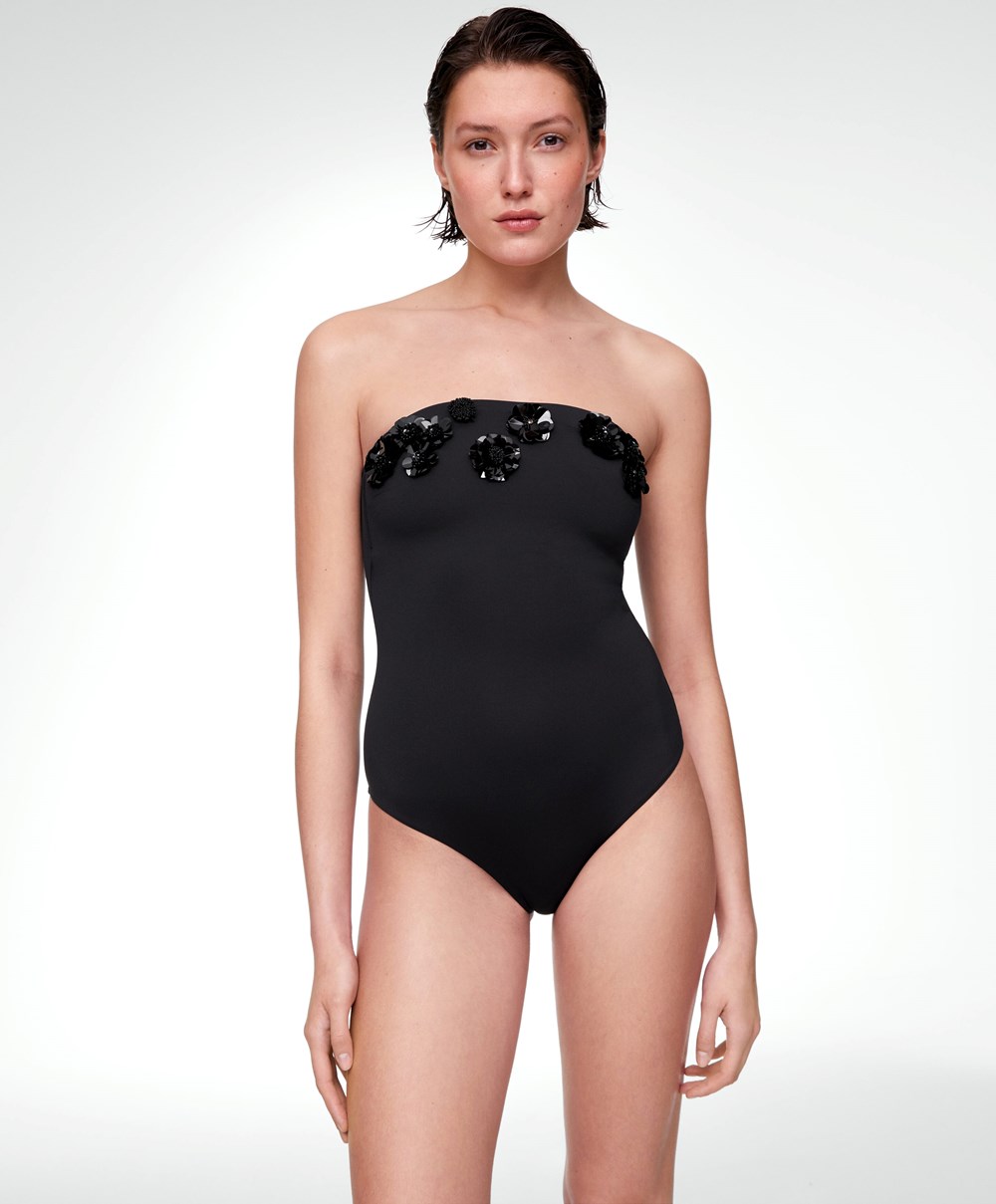 Black Oysho Sequinned Flowers Bandeau Swimsuit | HPET34197