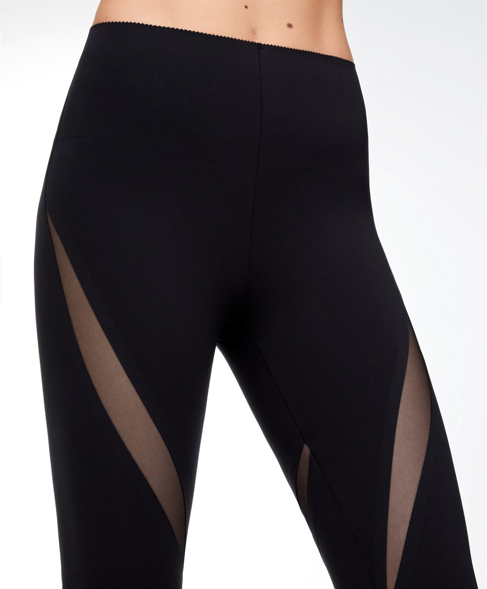 Black Oysho Sheer Panel 65cm Compressive Leggings | FPBW06927