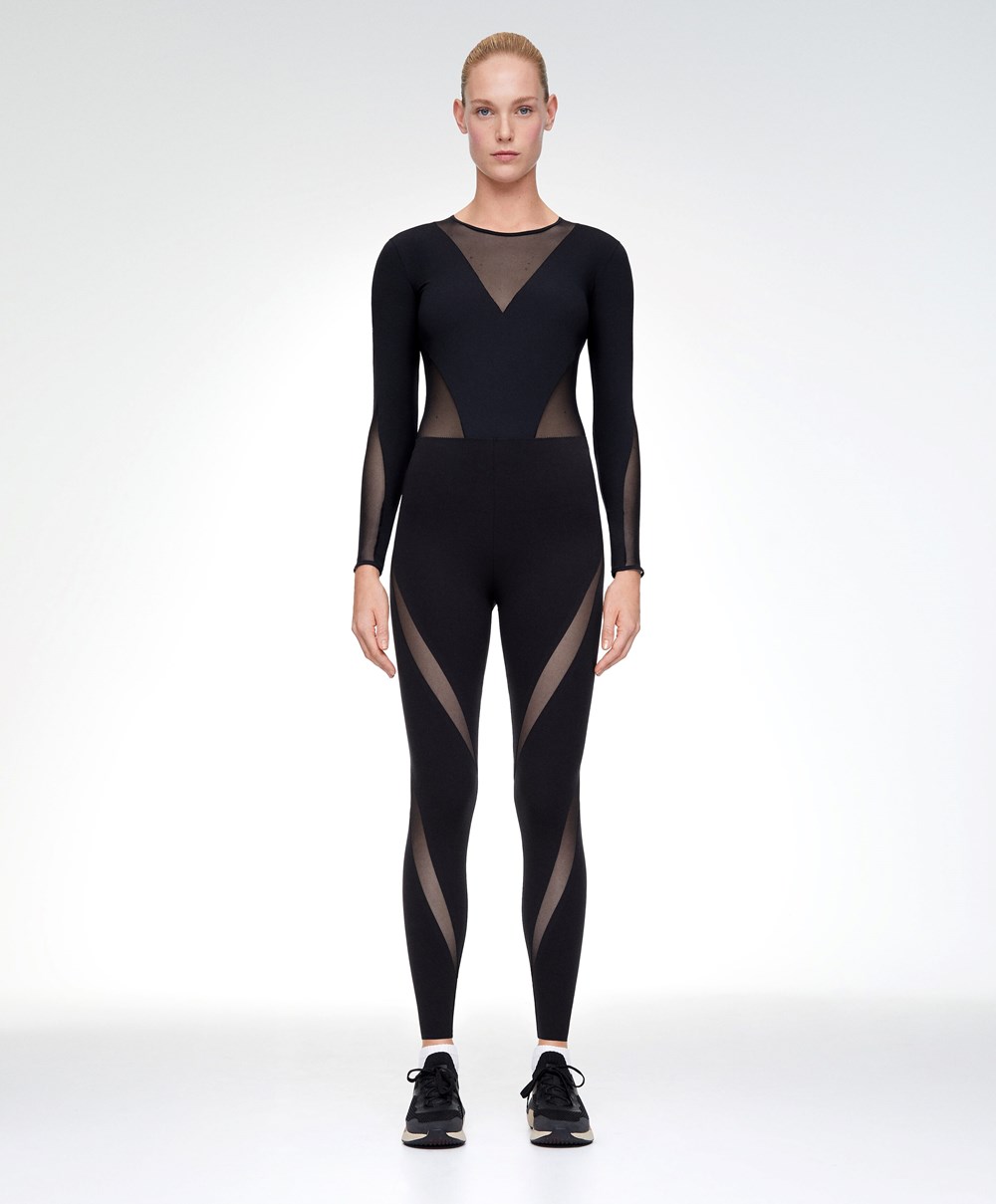 Black Oysho Sheer Panel 65cm Compressive Leggings | FPBW06927