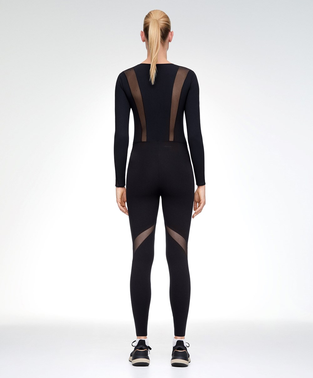 Black Oysho Sheer Panel 65cm Compressive Leggings | FPBW06927