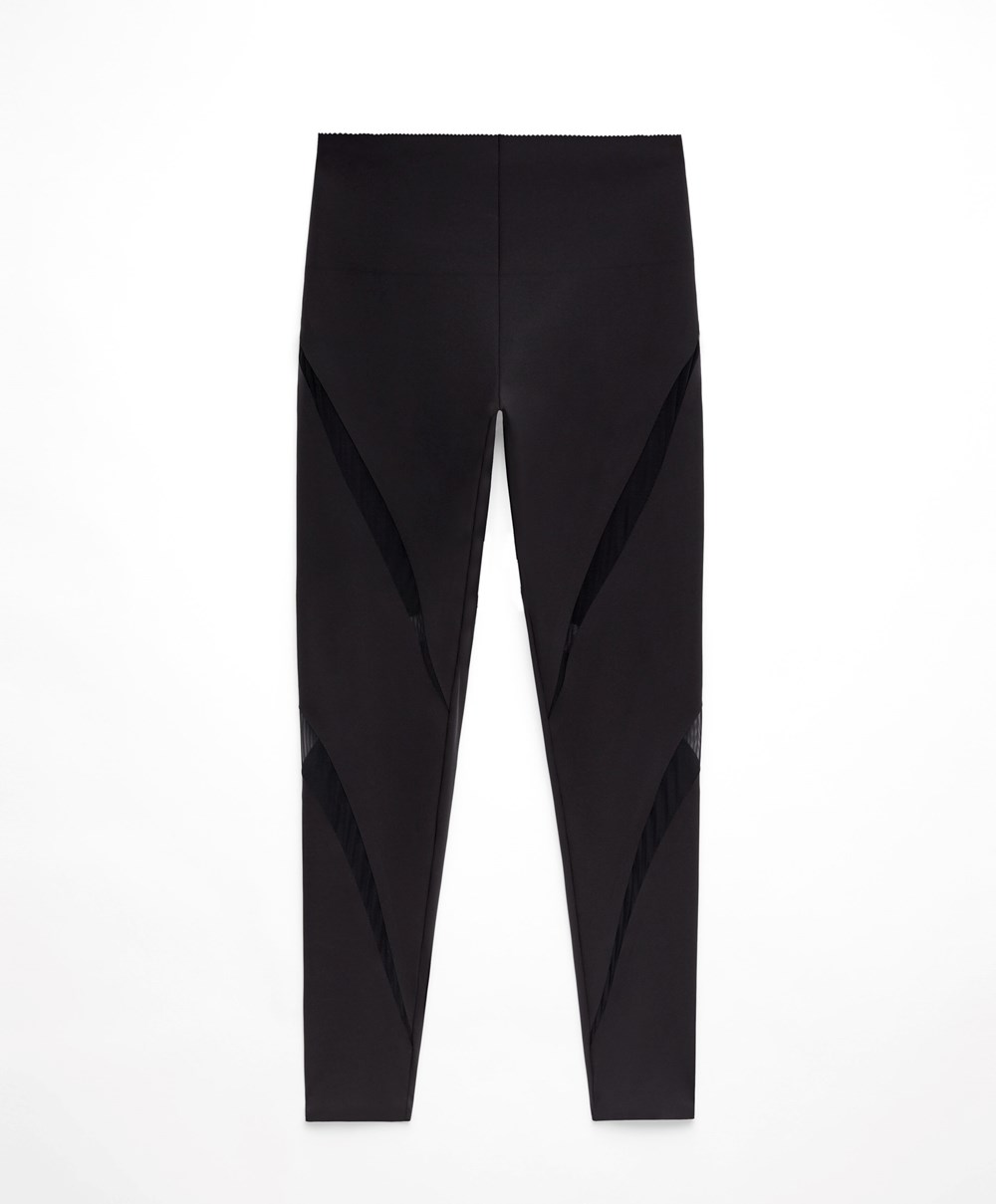 Black Oysho Sheer Panel 65cm Compressive Leggings | FPBW06927