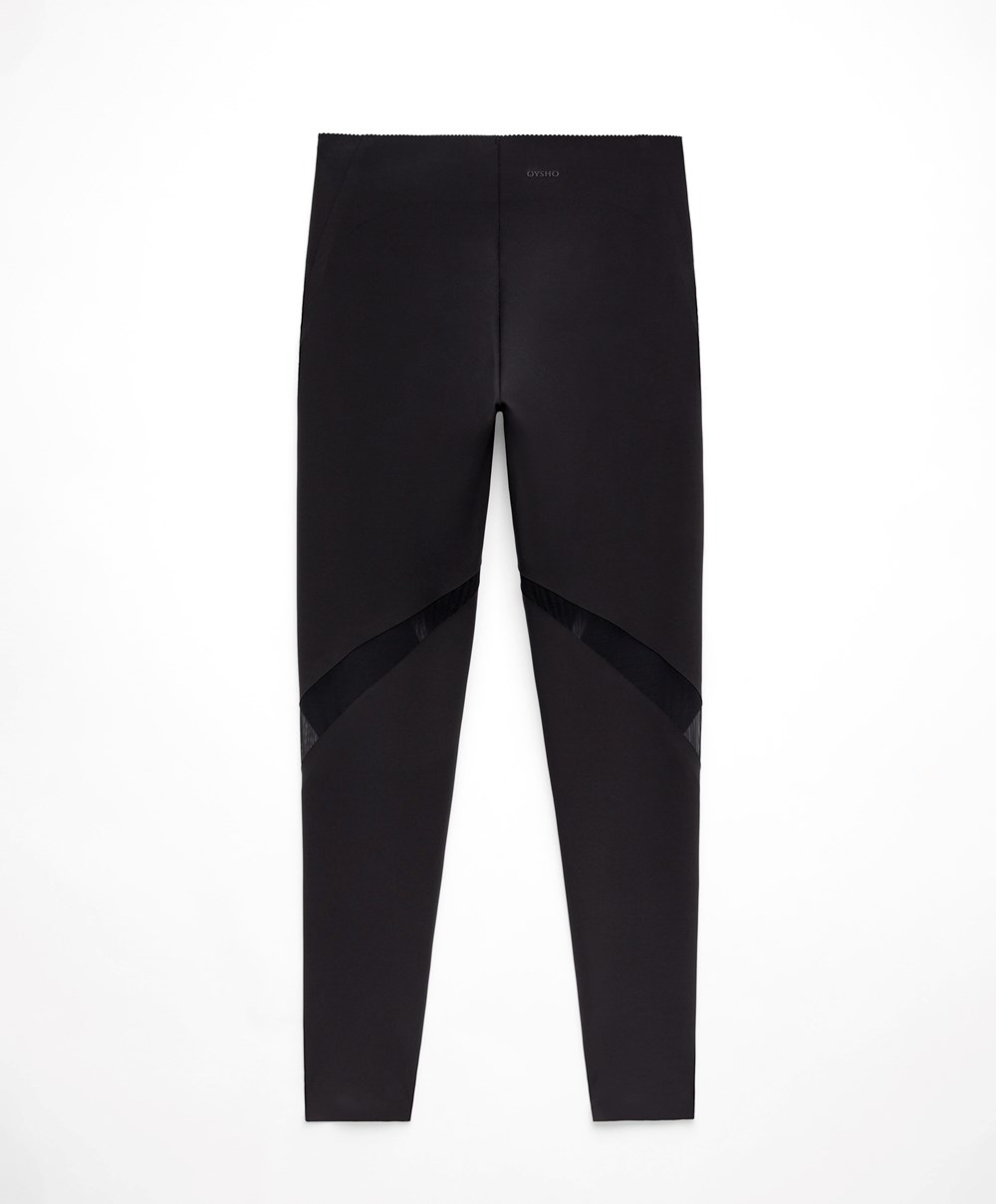 Black Oysho Sheer Panel 65cm Compressive Leggings | FPBW06927