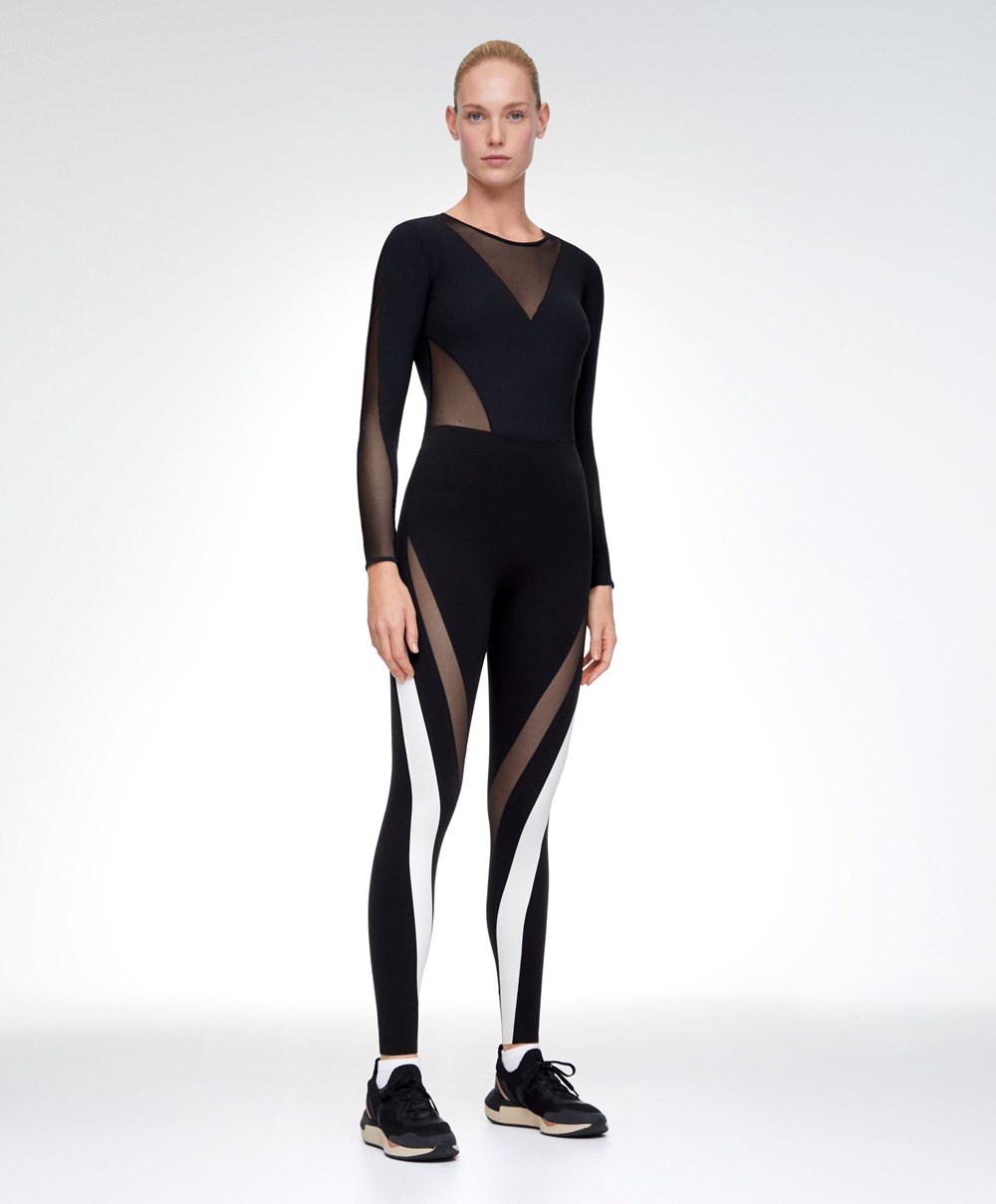 Black Oysho Sheer Panel Colour Block 65cm Compressive Leggings | YUWQ96857