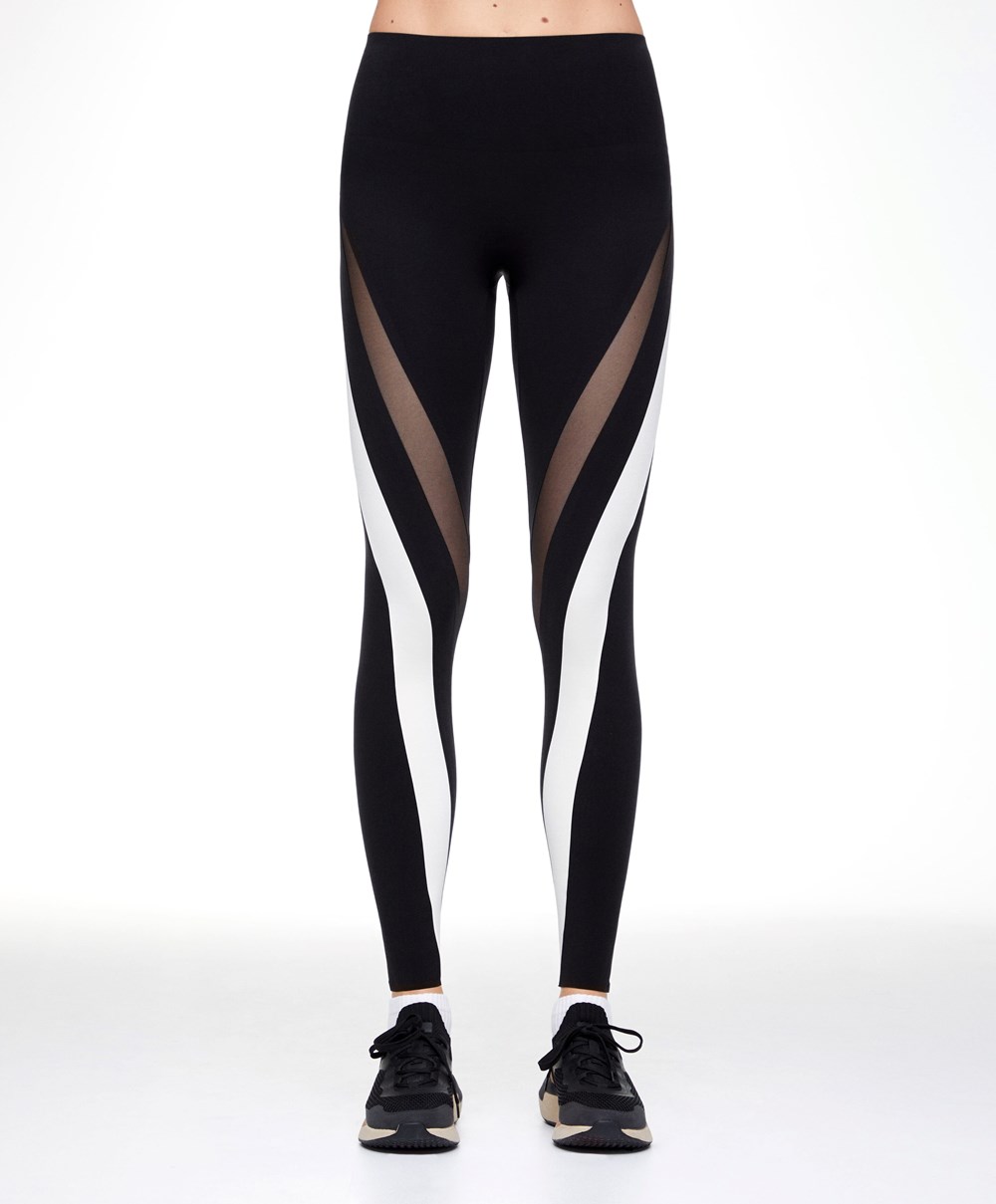 Black Oysho Sheer Panel Colour Block 65cm Compressive Leggings | YUWQ96857