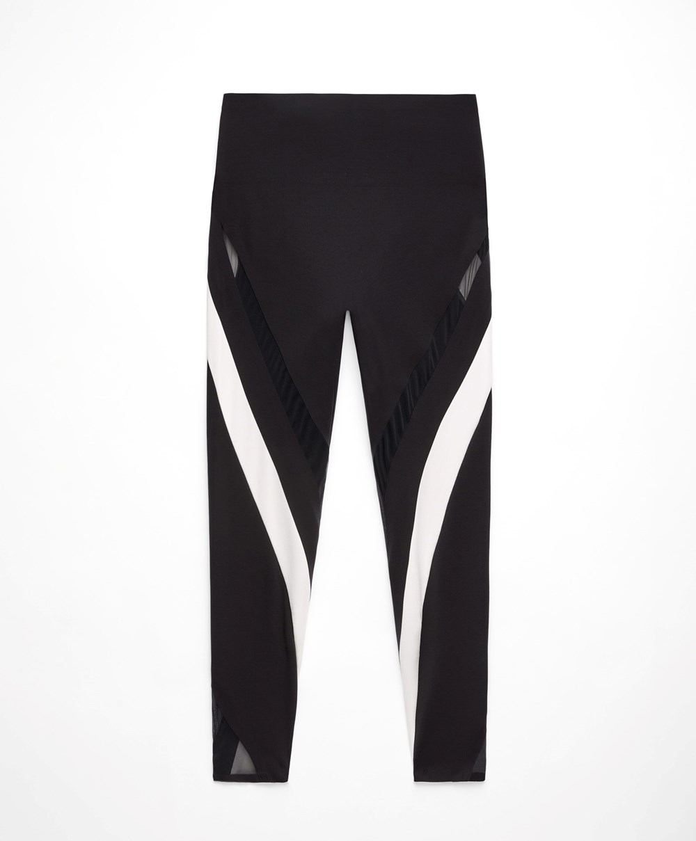 Black Oysho Sheer Panel Colour Block 65cm Compressive Leggings | YUWQ96857