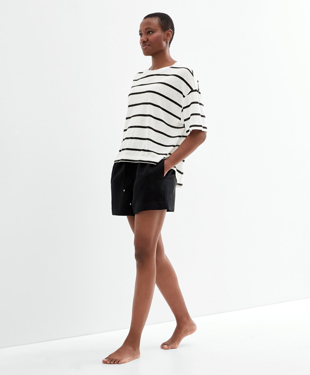 Black Oysho Short-sleeved Linen Stripe T-shirt | RHLY32410