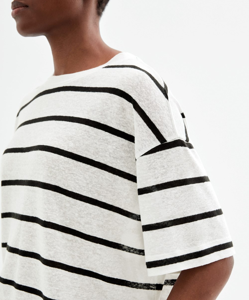 Black Oysho Short-sleeved Linen Stripe T-shirt | RHLY32410