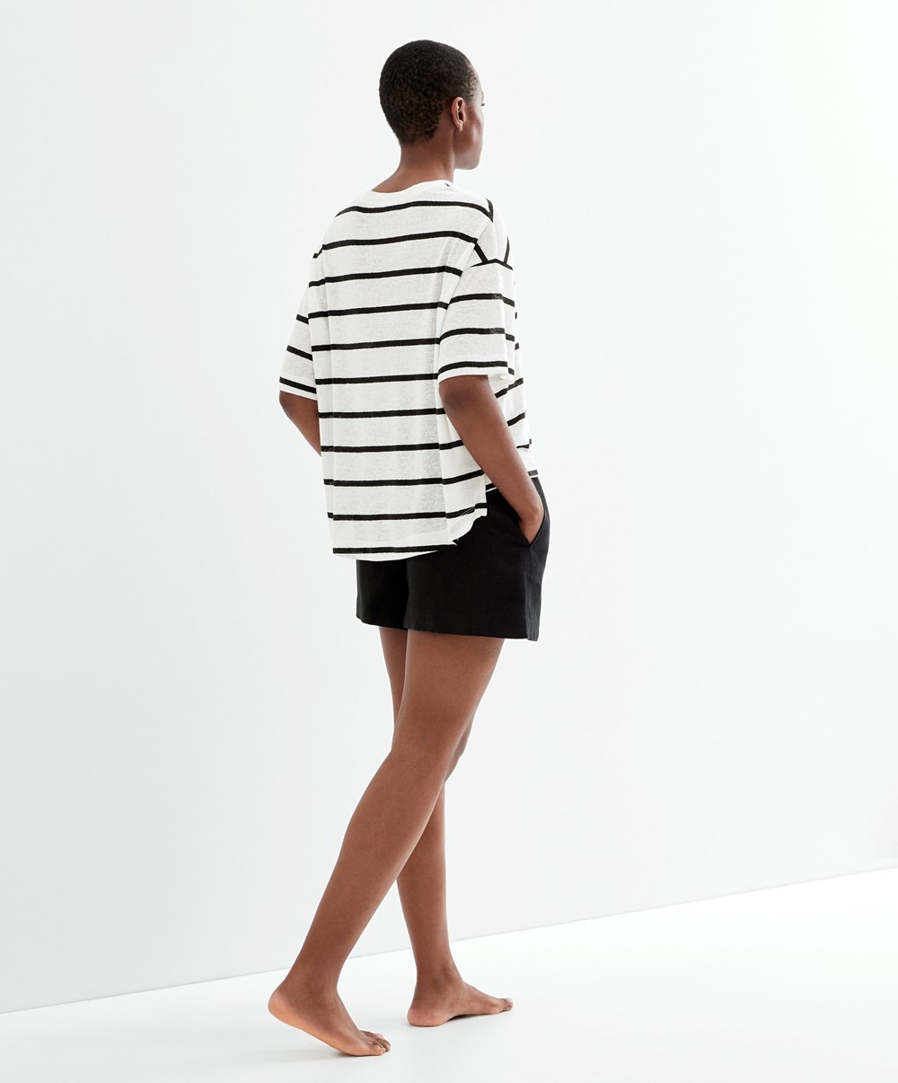 Black Oysho Short-sleeved Linen Stripe T-shirt | RHLY32410