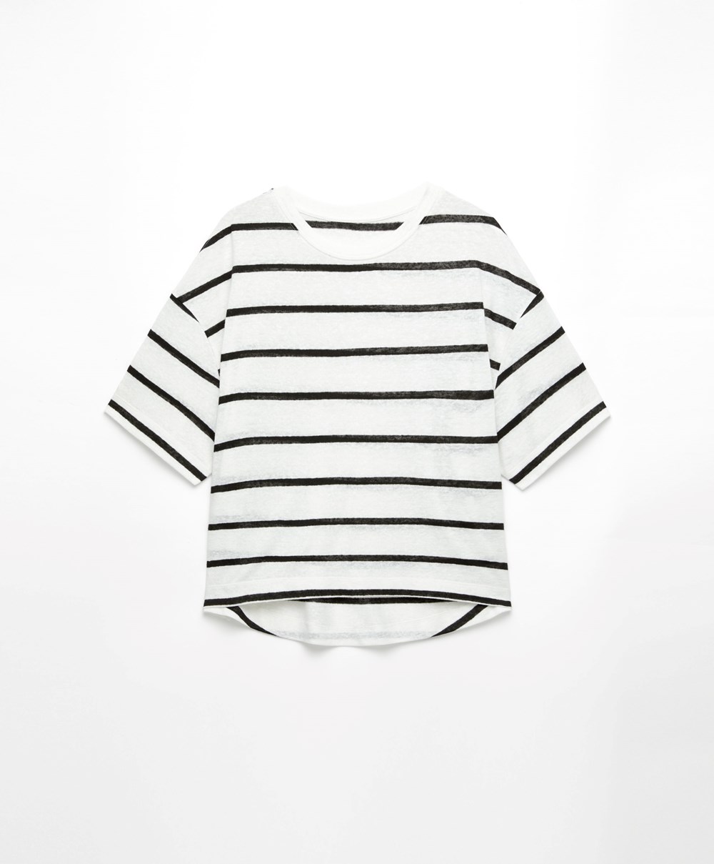 Black Oysho Short-sleeved Linen Stripe T-shirt | RHLY32410