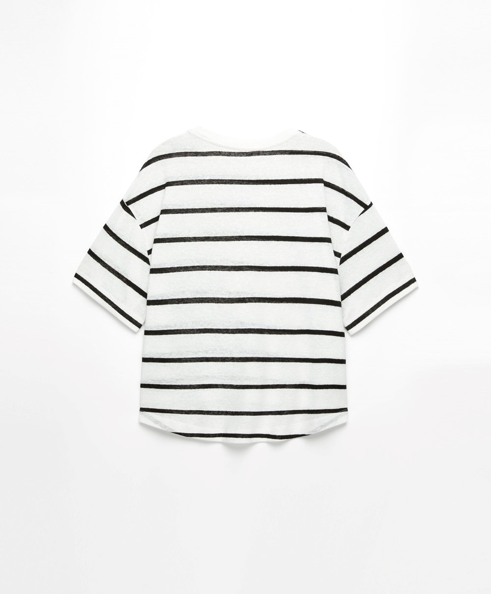 Black Oysho Short-sleeved Linen Stripe T-shirt | RHLY32410