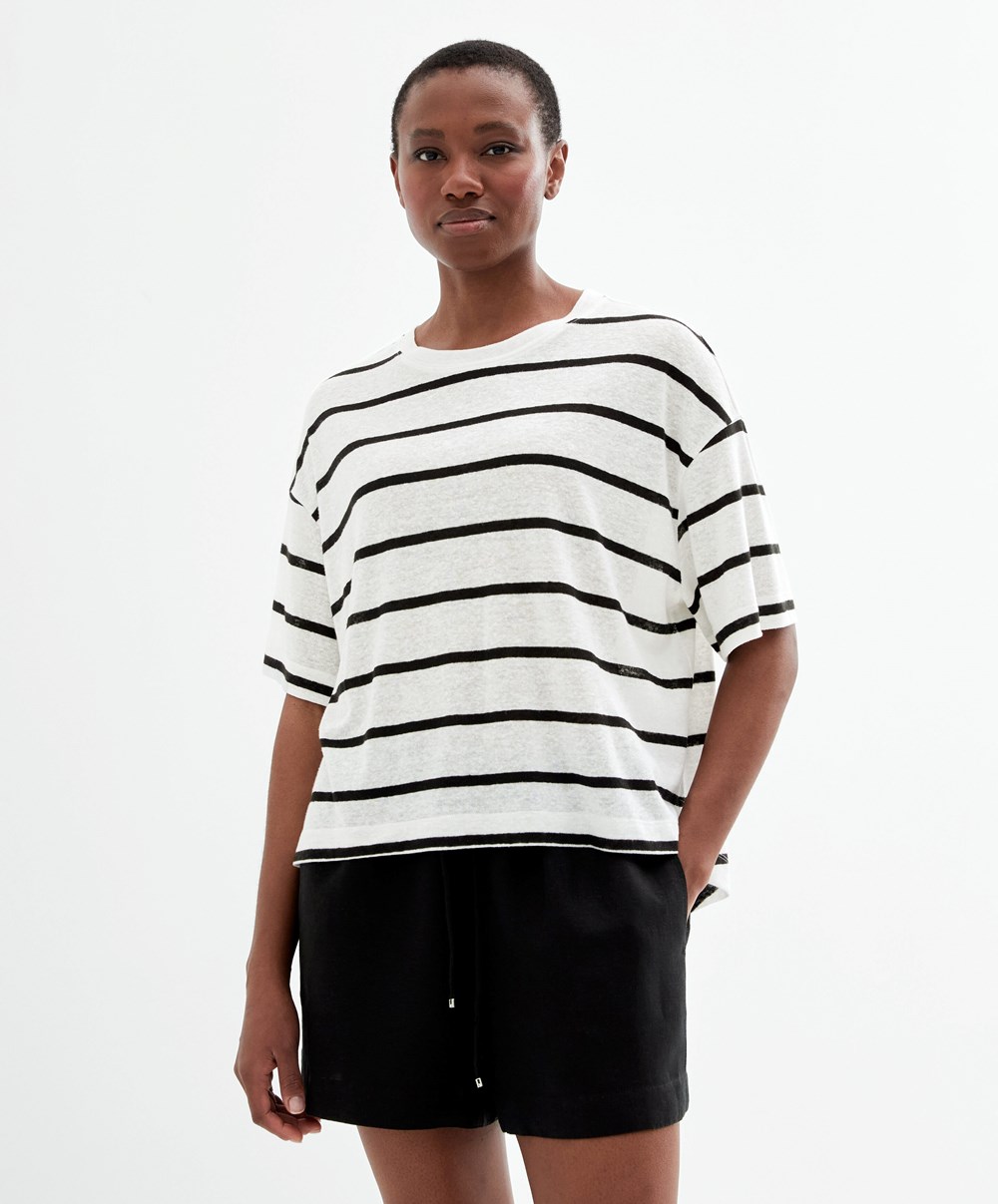 Black Oysho Short-sleeved Linen Stripe T-shirt | RHLY32410