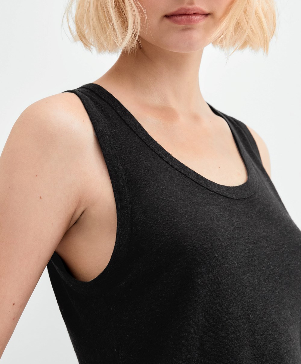 Black Oysho Sleeveless Linen T-shirt | CISO09517