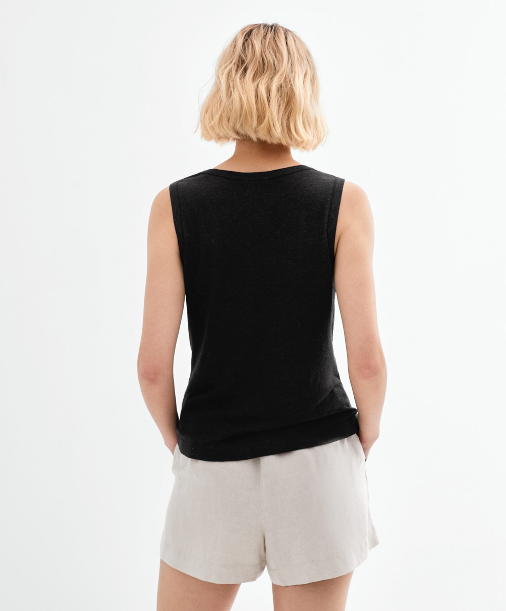 Black Oysho Sleeveless Linen T-shirt | CISO09517