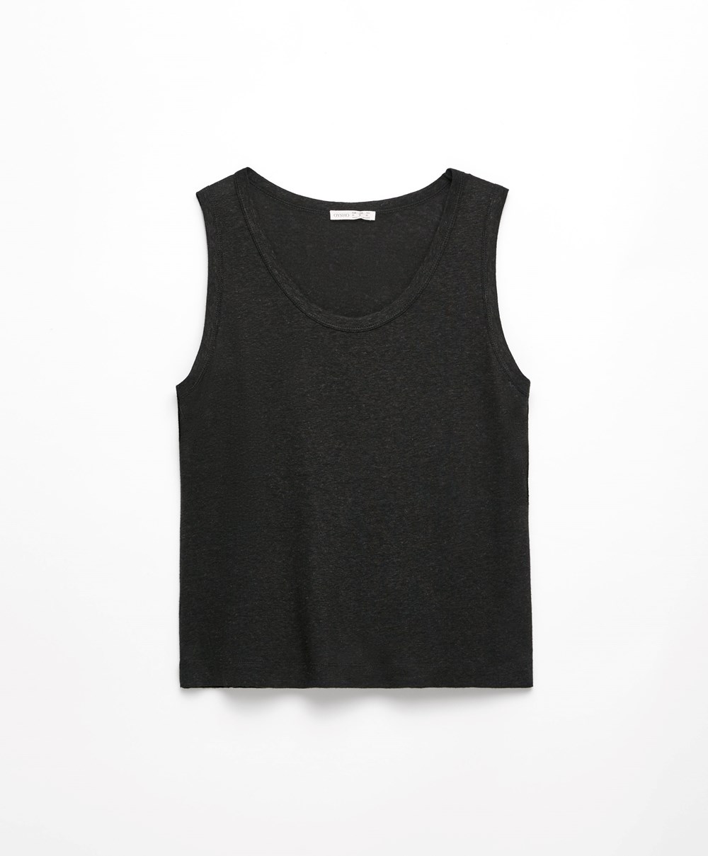 Black Oysho Sleeveless Linen T-shirt | CISO09517