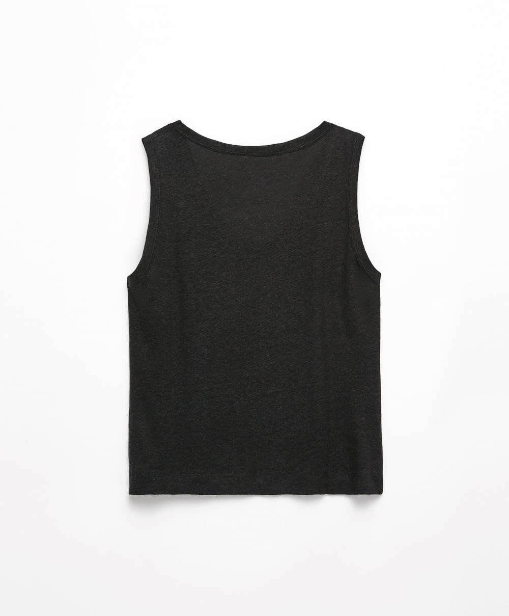 Black Oysho Sleeveless Linen T-shirt | CISO09517