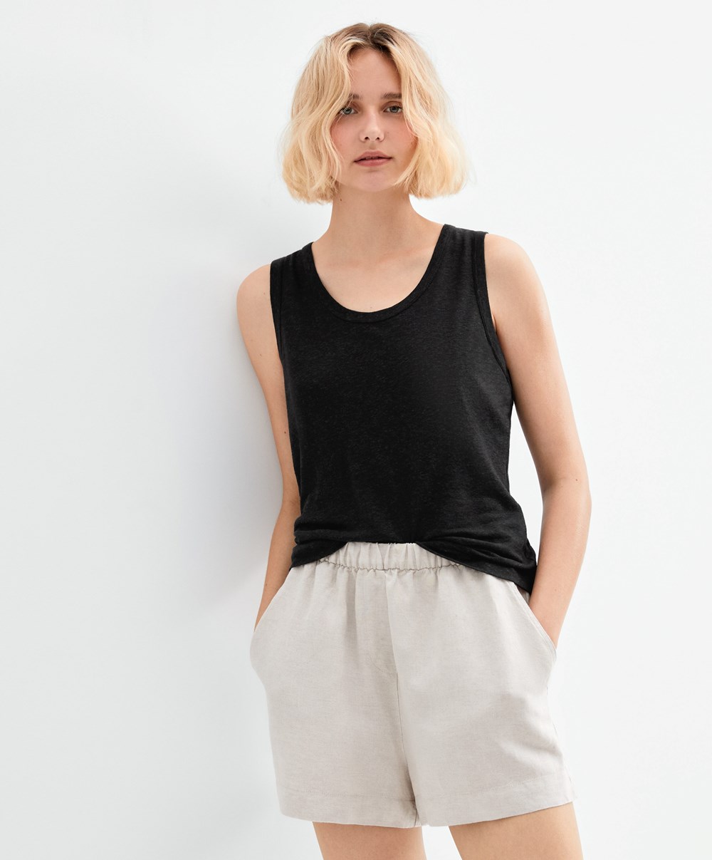 Black Oysho Sleeveless Linen T-shirt | CISO09517