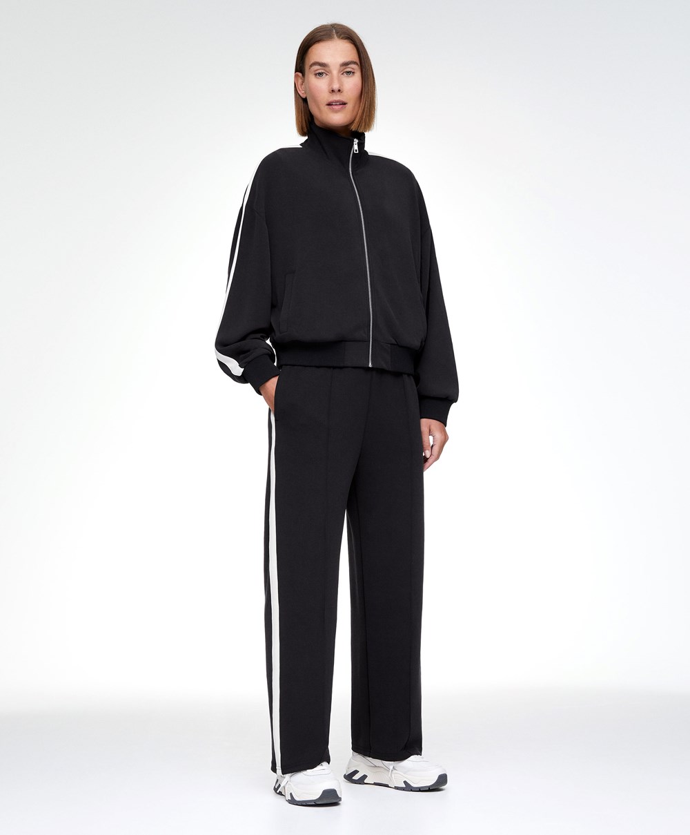 Black Oysho Soft Touch Modal Trousers With Straight Leg And Stripe | MAXU47526