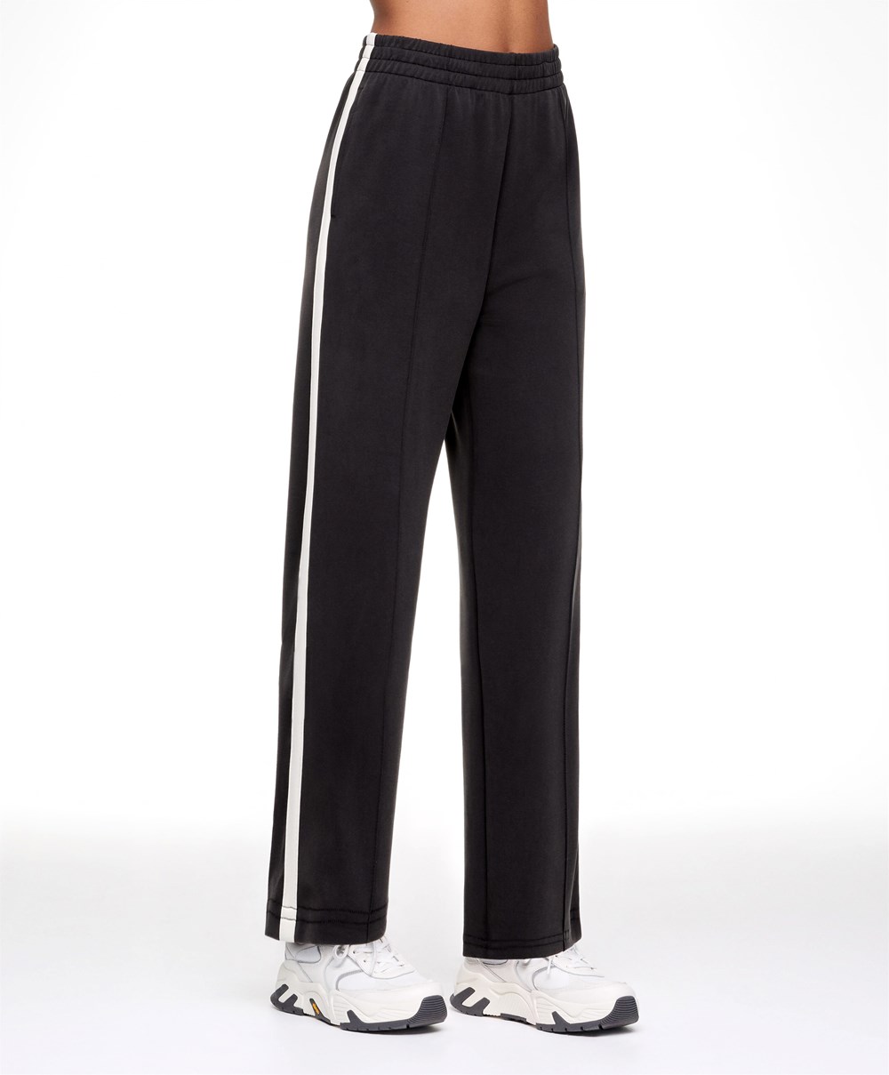 Black Oysho Soft Touch Modal Trousers With Straight Leg And Stripe | MAXU47526