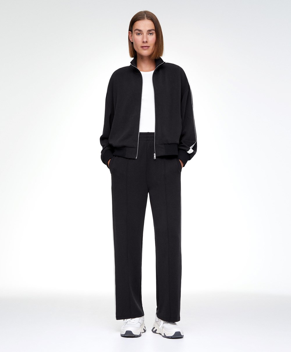 Black Oysho Soft Touch Modal Trousers With Straight Leg And Stripe | MAXU47526