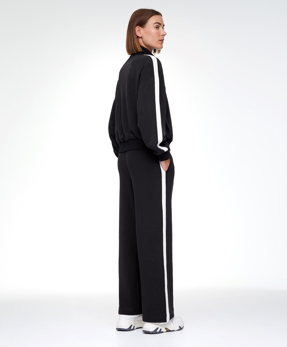 Black Oysho Soft Touch Modal Trousers With Straight Leg And Stripe | MAXU47526