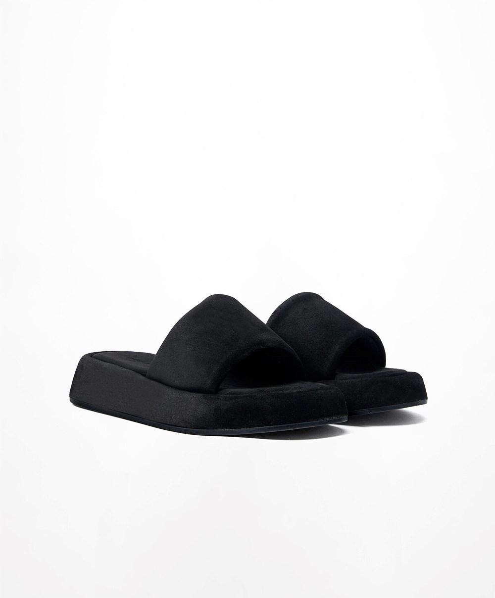 Black Oysho Split-leather Platform Slides | OLMZ37964