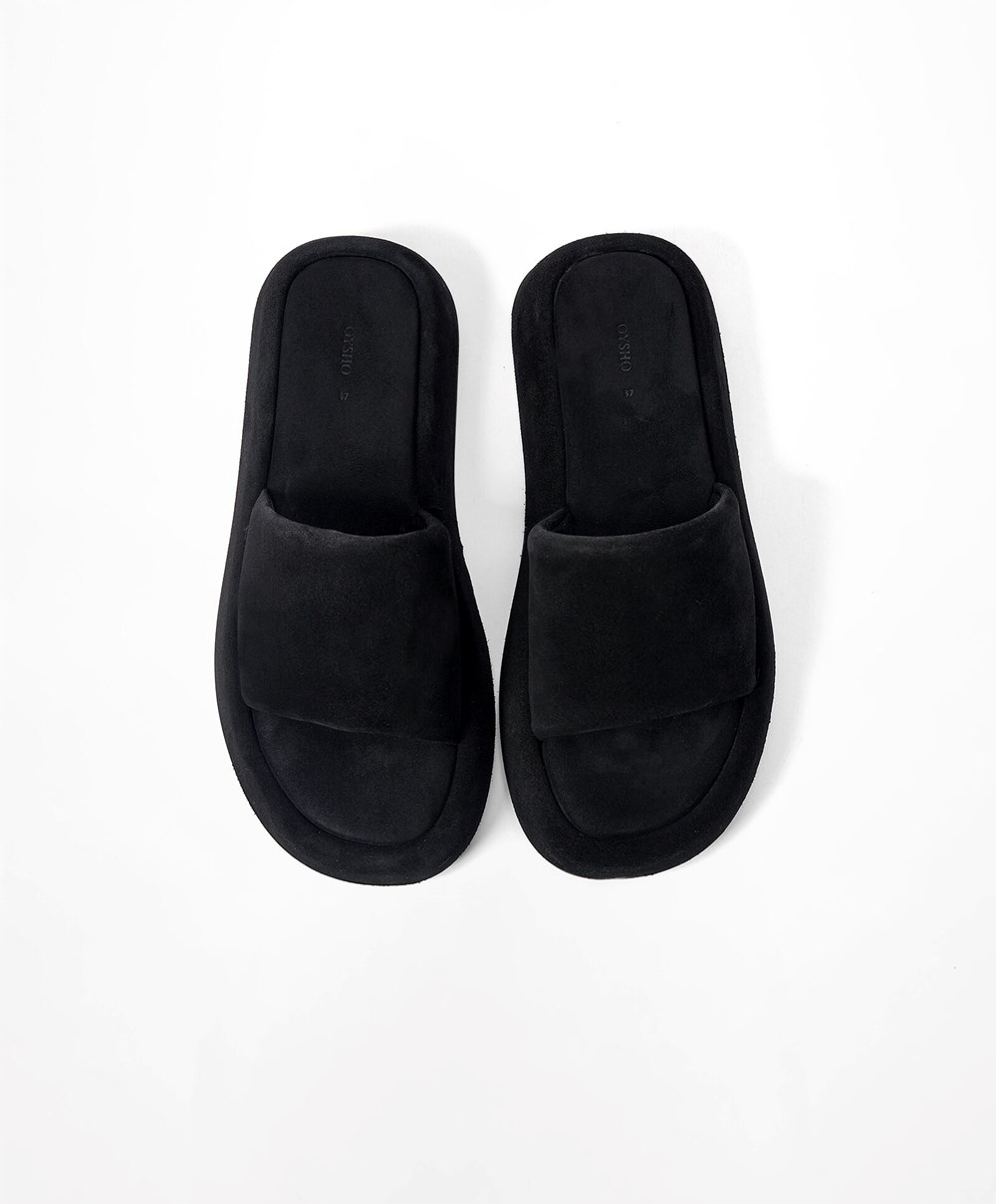 Black Oysho Split-leather Platform Slides | OLMZ37964