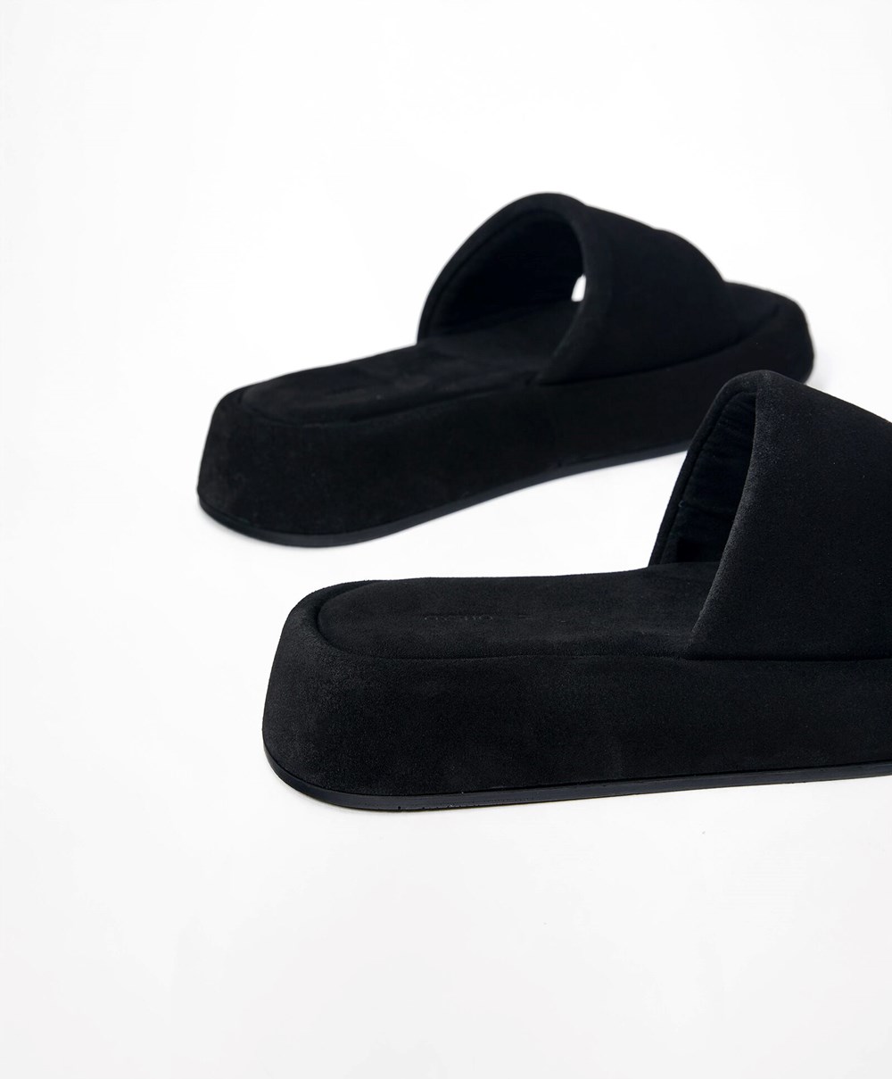 Black Oysho Split-leather Platform Slides | OLMZ37964