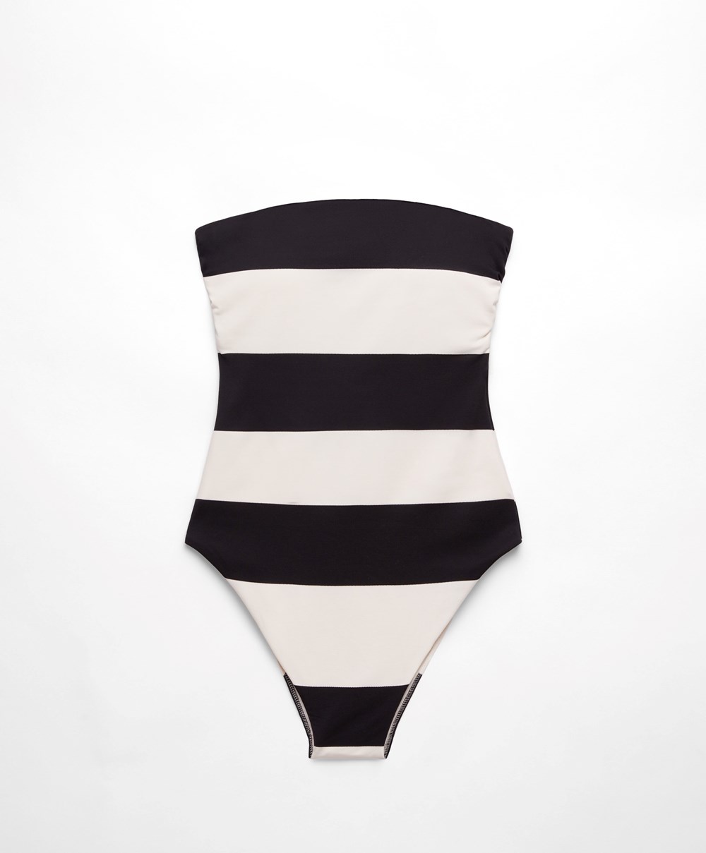 Black Oysho Stripe Piqué Bandeau Swimsuit | PHQC14907