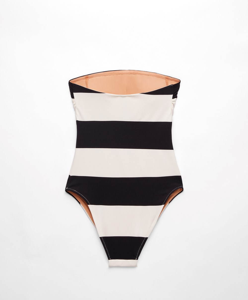 Black Oysho Stripe Piqué Bandeau Swimsuit | PHQC14907