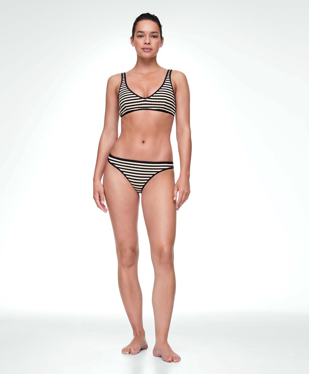 Black Oysho Textured Stripe Brazilian Bikini Briefs | LZXS73814