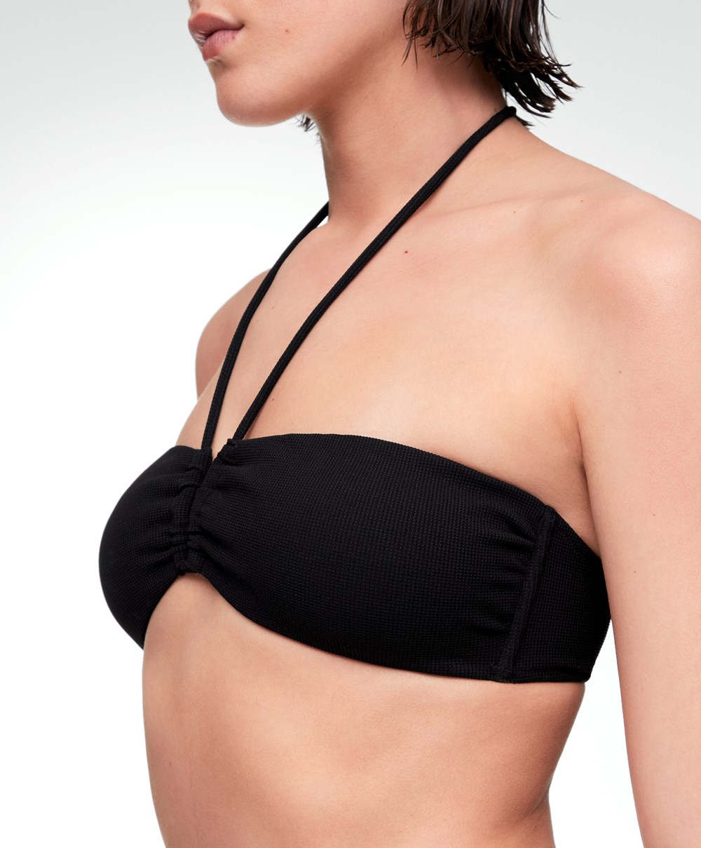 Black Oysho U-cut Bandeau Piqué Bikini Top | CSDR85243