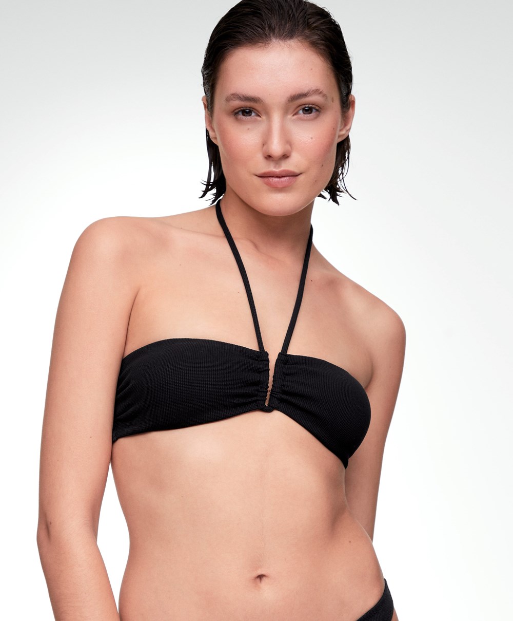 Black Oysho U-cut Bandeau Piqué Bikini Top | CSDR85243