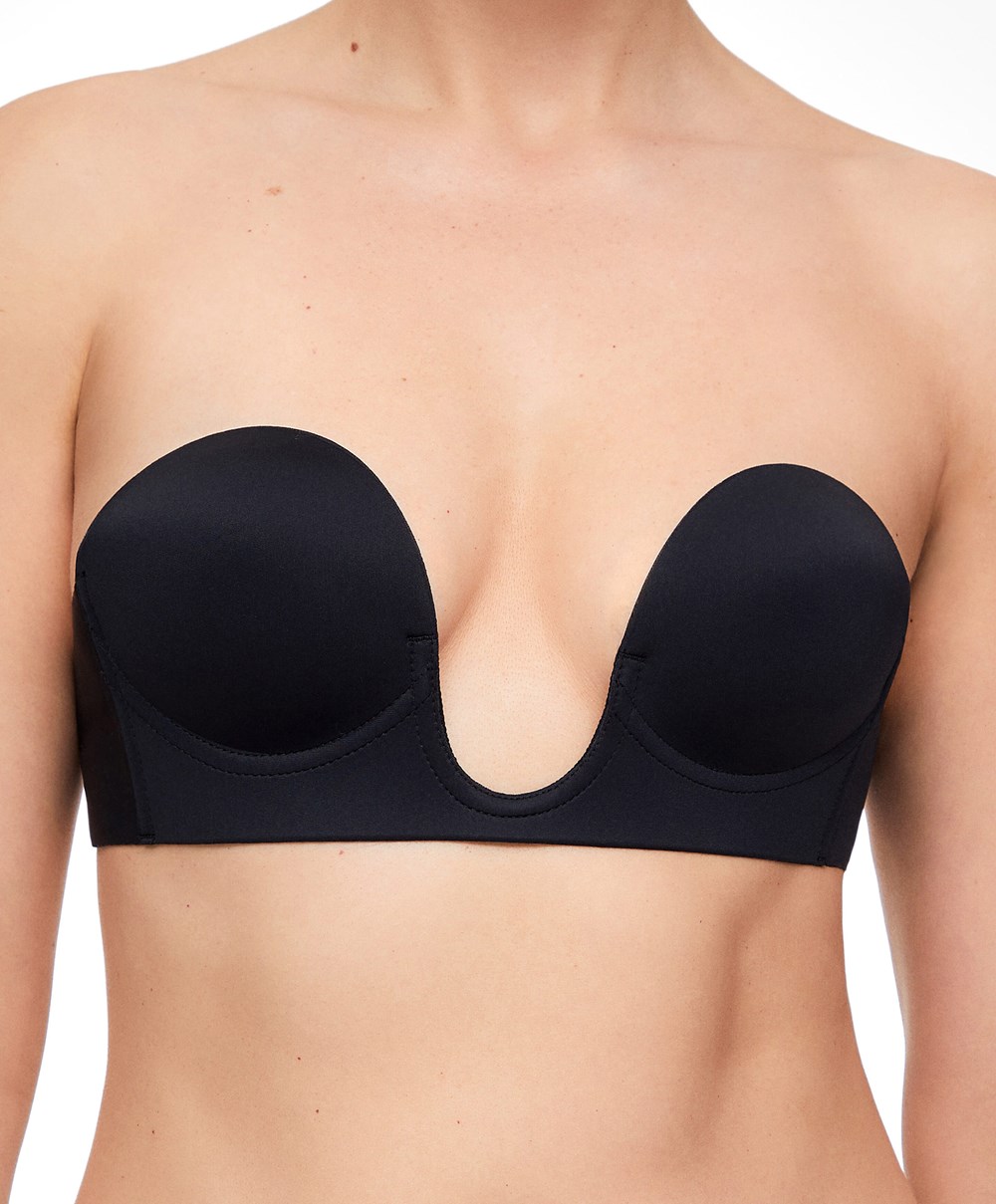 Black Oysho U-neck Fabric Adhesive Bra | AQRF62908