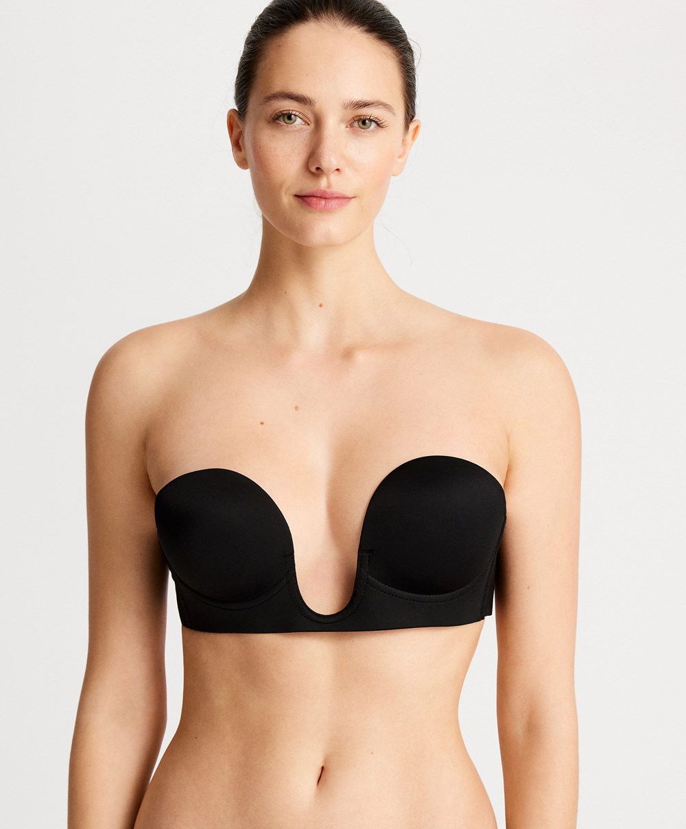 Black Oysho U-neck Fabric Adhesive Bra | AQRF62908