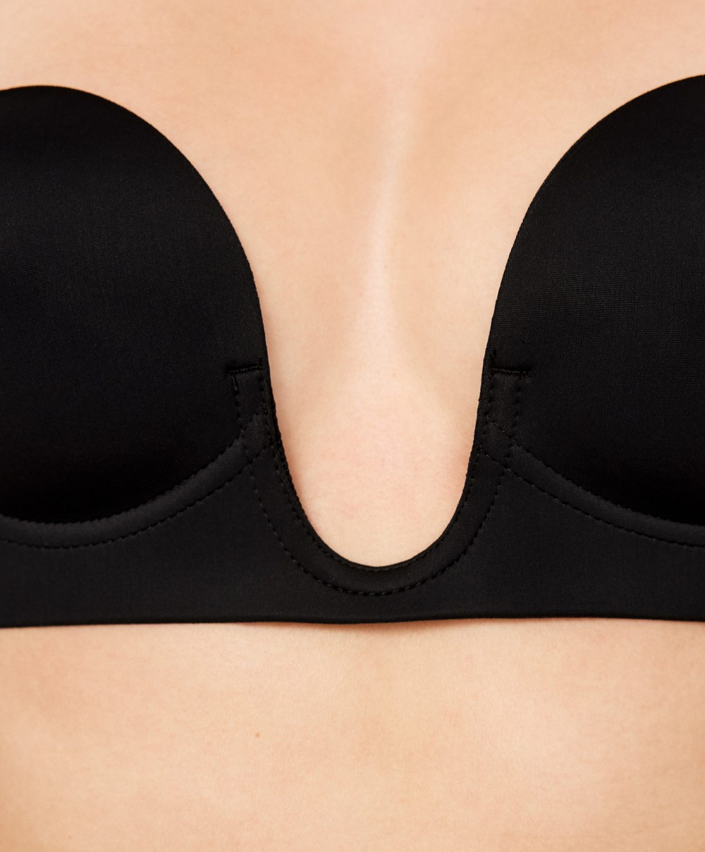 Black Oysho U-neck Fabric Adhesive Bra | AQRF62908