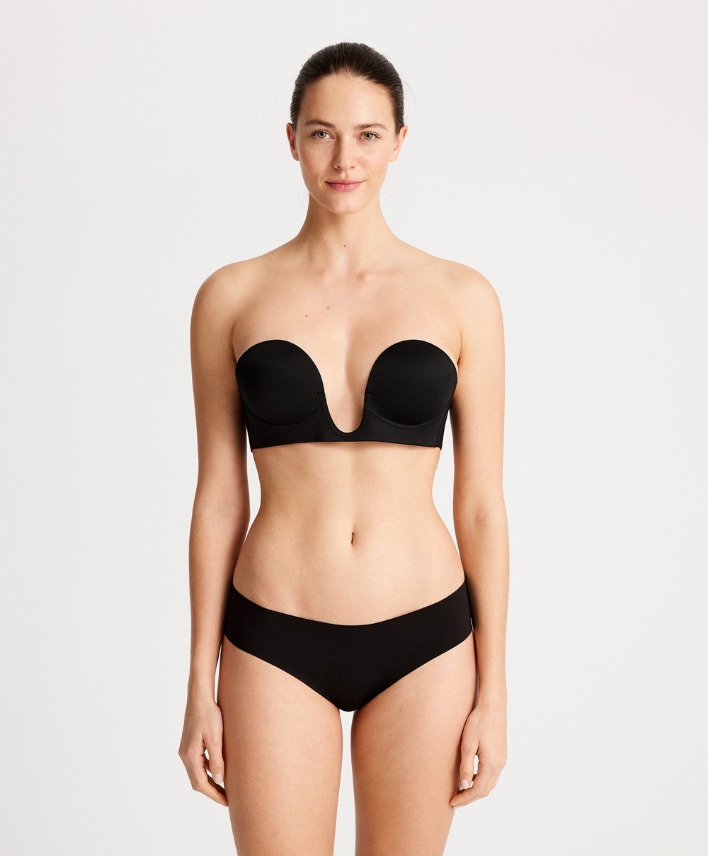 Black Oysho U-neck Fabric Adhesive Bra | AQRF62908