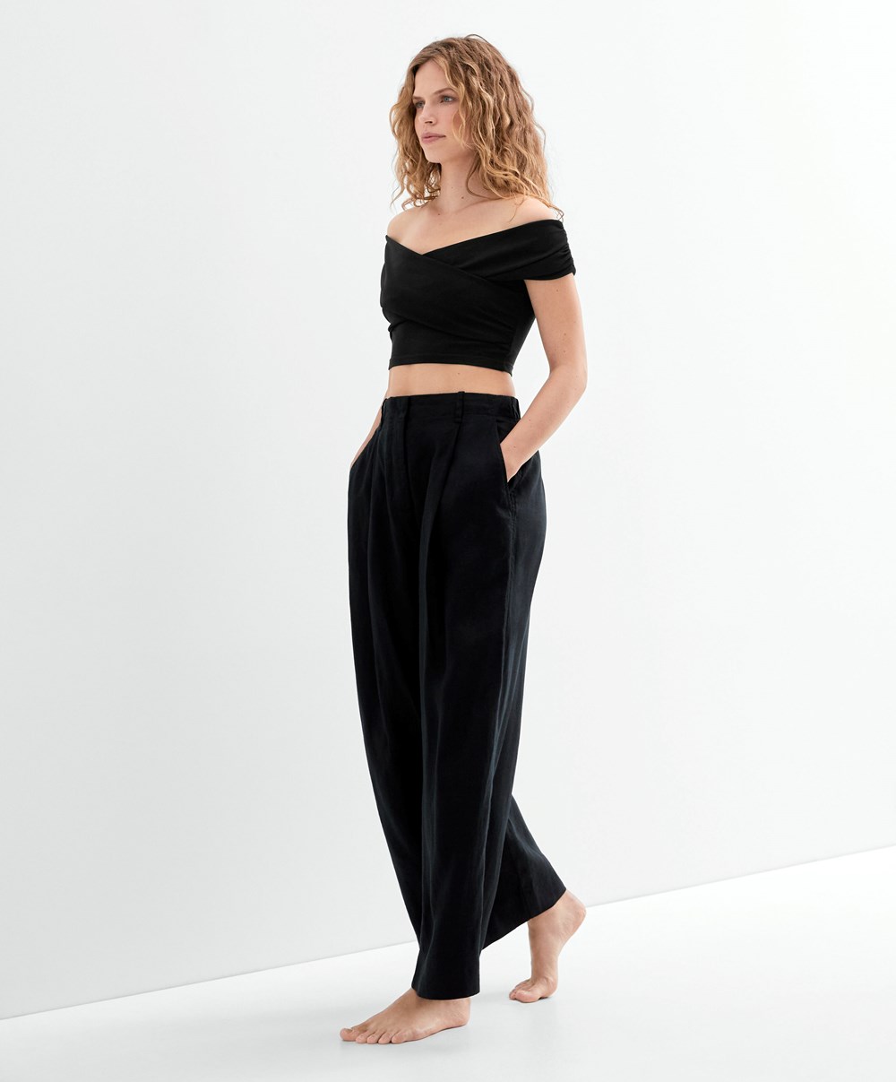 Black Oysho Wrap Off-shoulder Top | QCIO32984