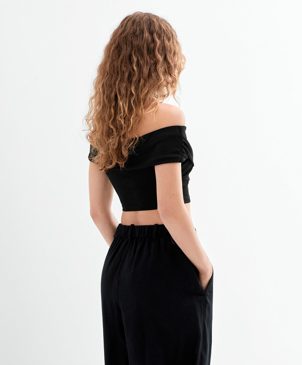 Black Oysho Wrap Off-shoulder Top | QCIO32984