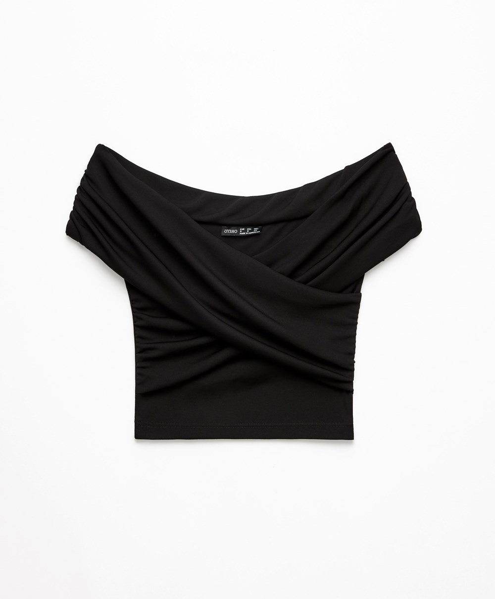 Black Oysho Wrap Off-shoulder Top | QCIO32984