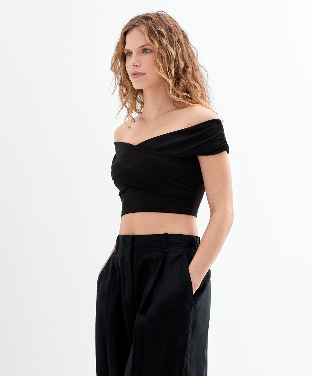 Black Oysho Wrap Off-shoulder Top | QCIO32984