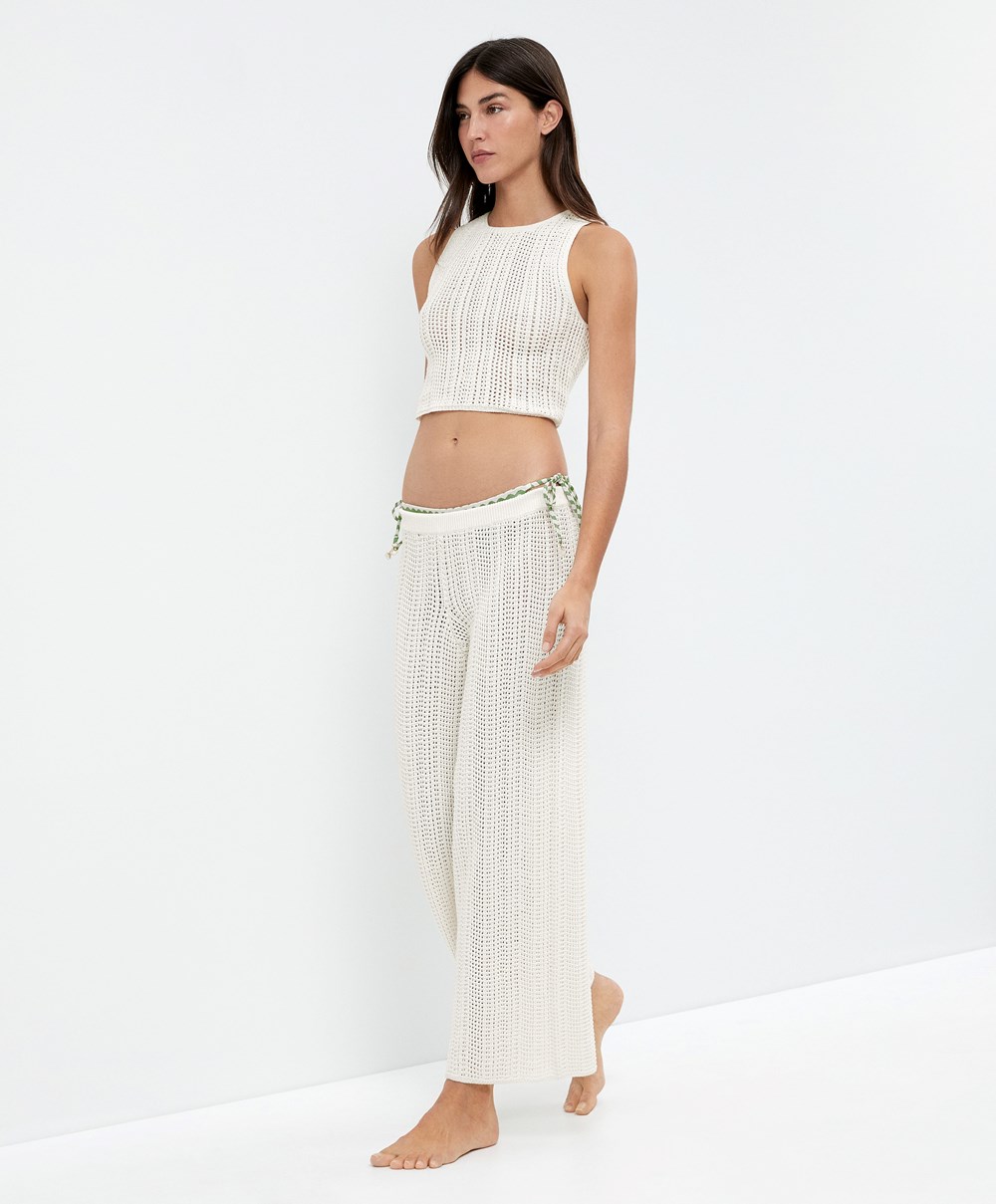 Bone Whte Oysho Cropped Crochet Top | VZAX28917