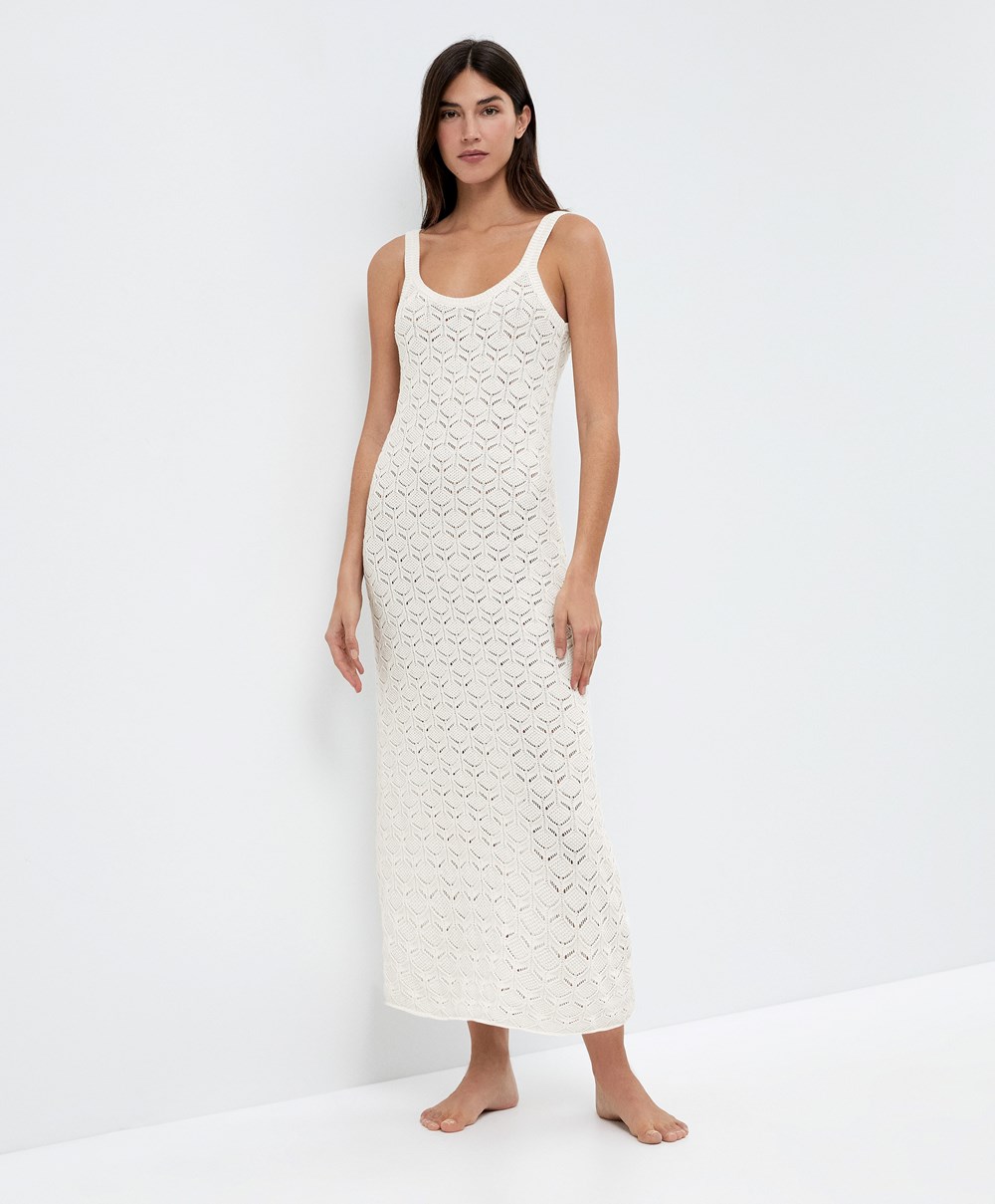 Bone Whte Oysho Long Cotton Crochet Dress | AYWV36724