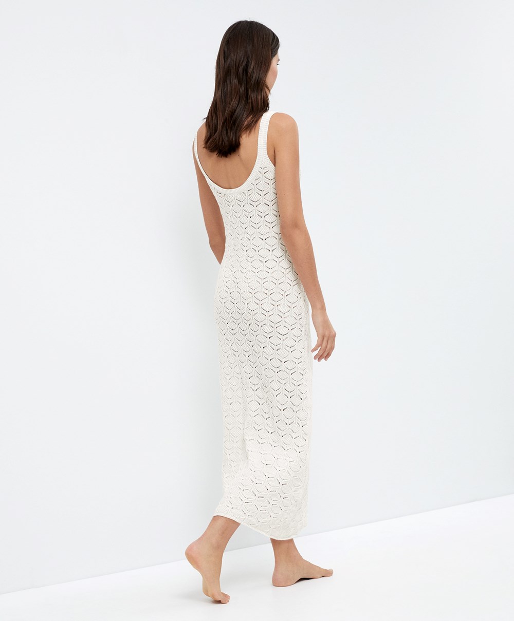 Bone Whte Oysho Long Cotton Crochet Dress | AYWV36724