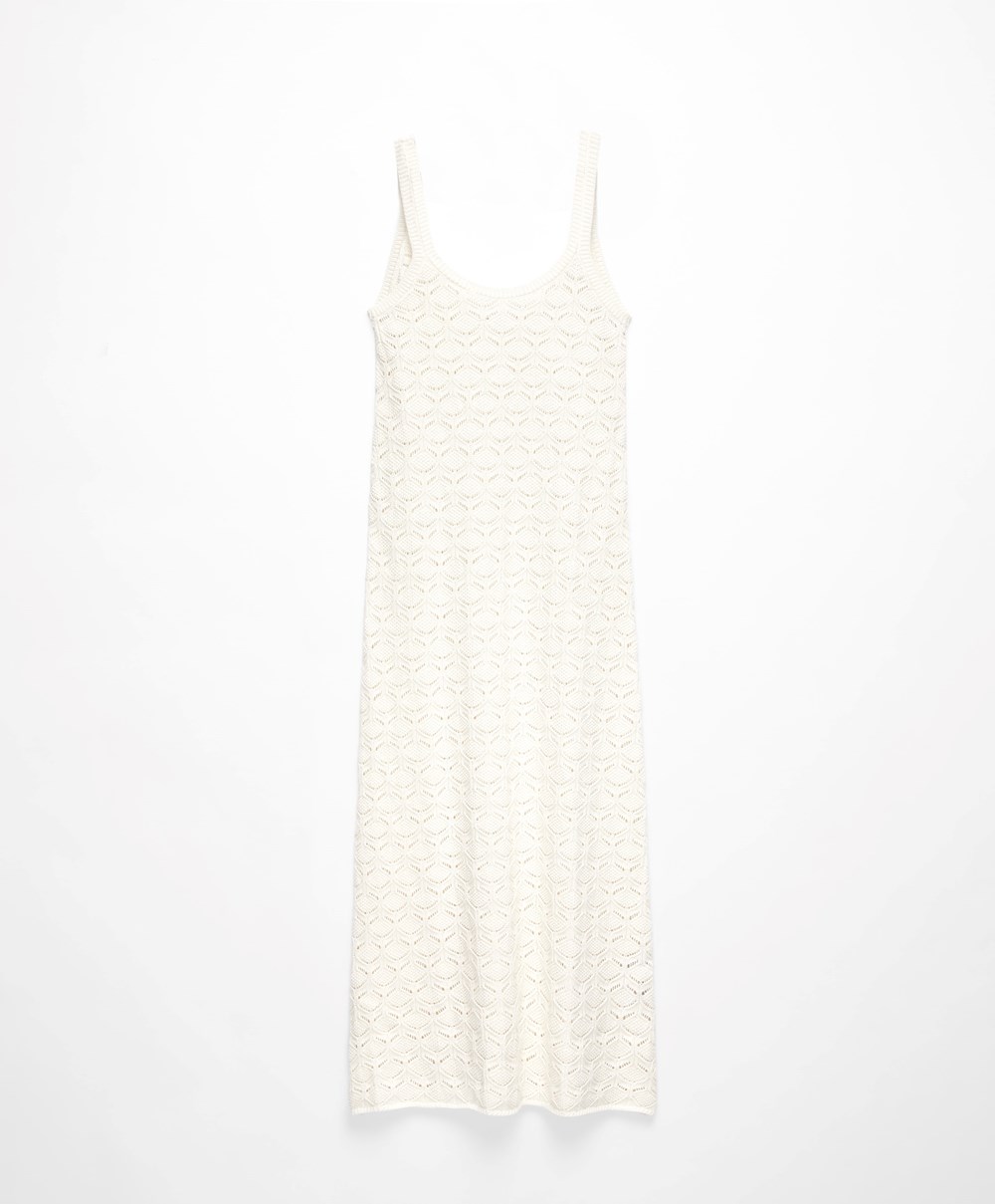 Bone Whte Oysho Long Cotton Crochet Dress | AYWV36724