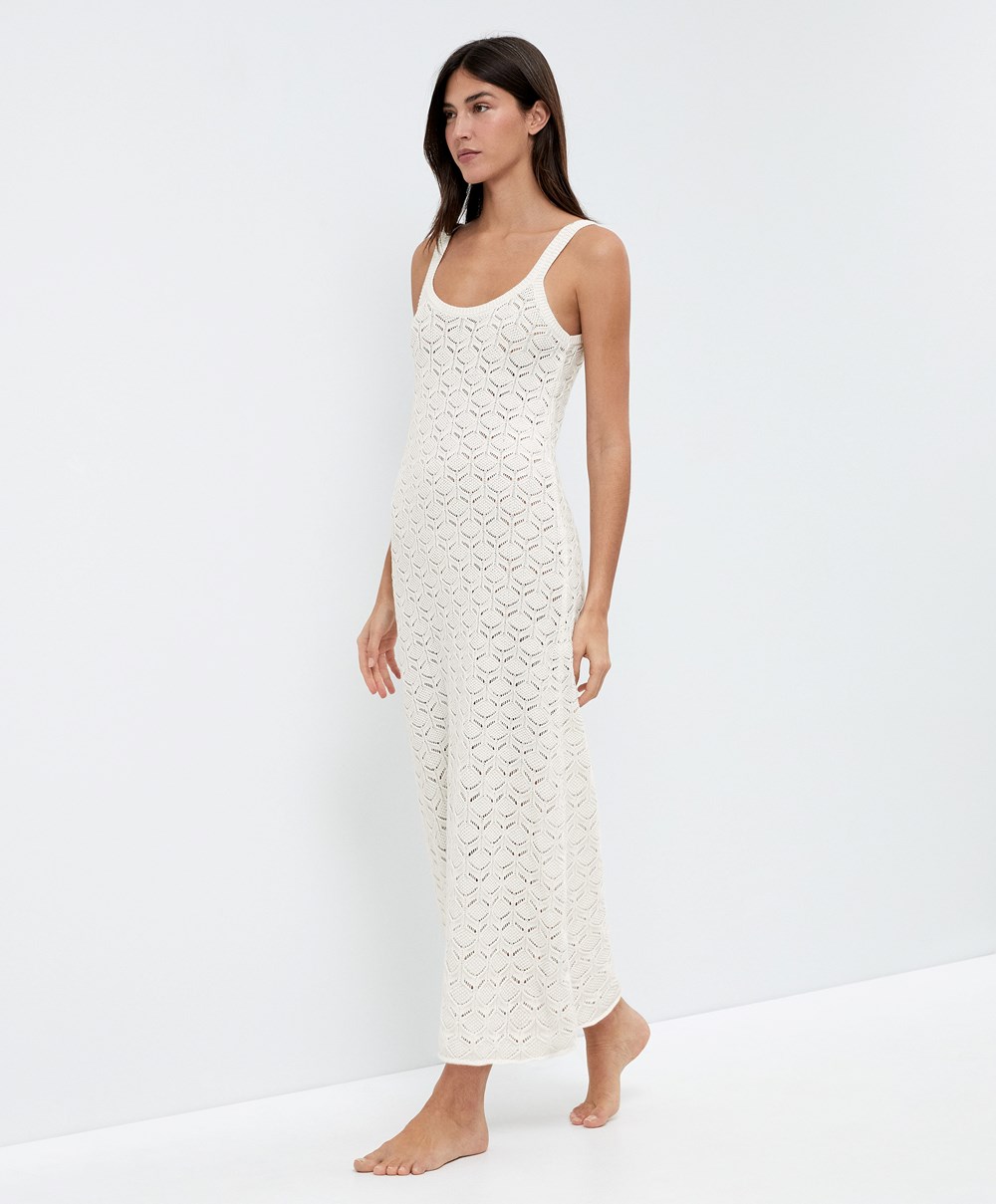 Bone Whte Oysho Long Cotton Crochet Dress | AYWV36724