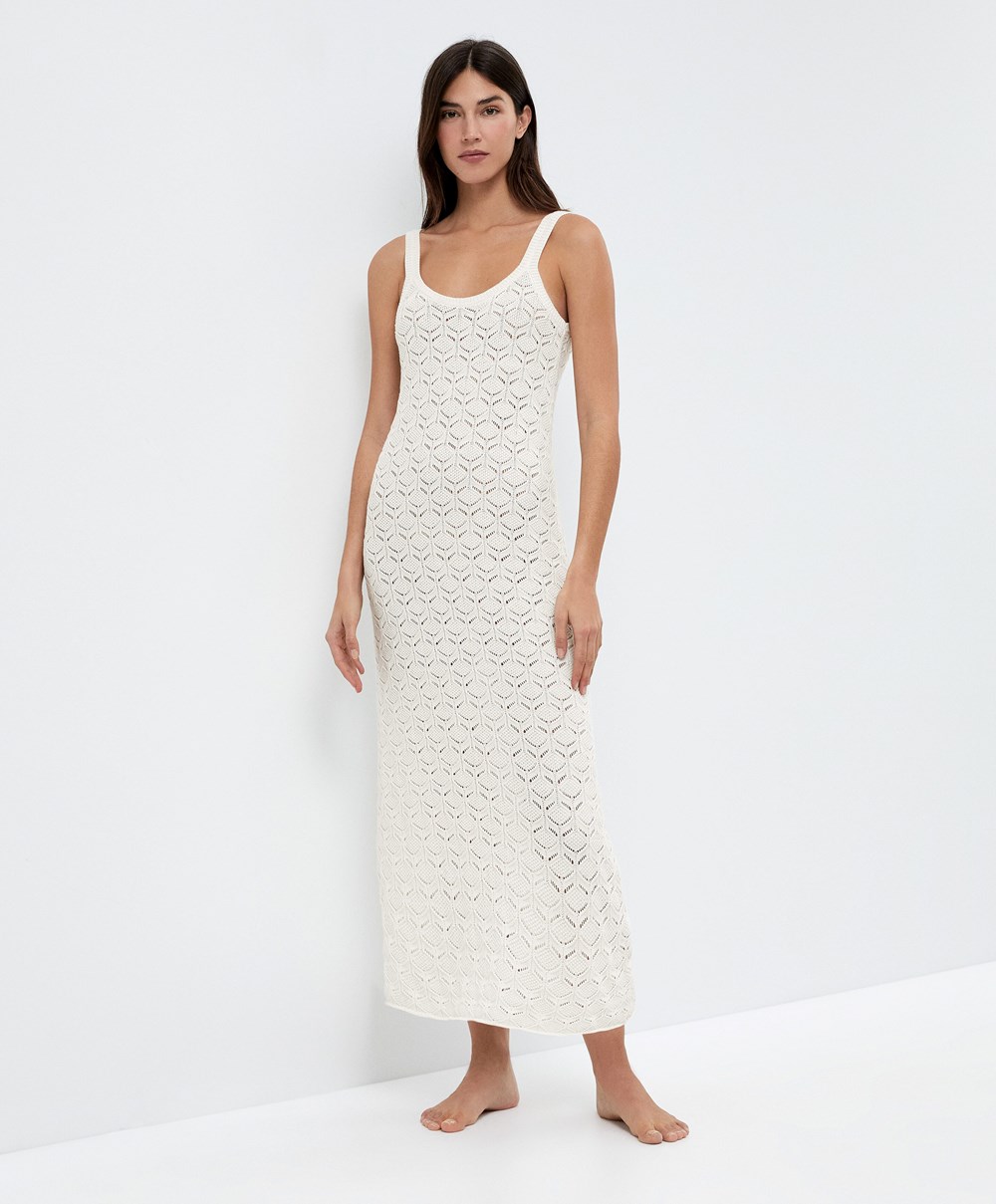 Bone Whte Oysho Long Cotton Crochet Dress | UELS29486