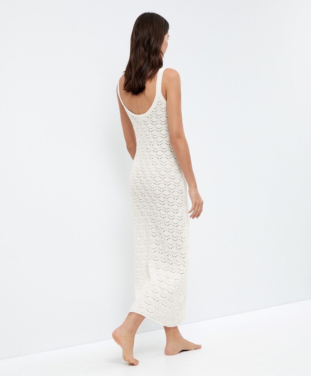 Bone Whte Oysho Long Cotton Crochet Dress | UELS29486