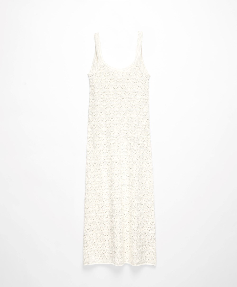 Bone Whte Oysho Long Cotton Crochet Dress | UELS29486