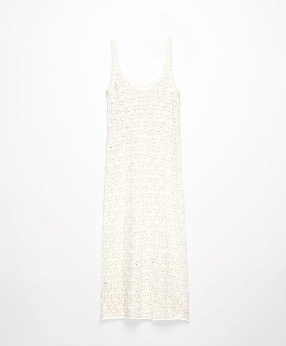 Bone Whte Oysho Long Cotton Crochet Dress | UELS29486